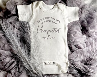 Embroidered Best things in Life are Unexpected Pregnancy Announcement Bodysuit, Grandparents Baby Announcement, Custom Dute Date Bodysuit