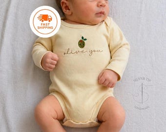 Embroidered olive you Bodysuit with an olive, Foodie Baby Gift, Cute Pun Baby Bodysuit, Baby Shower Gift, Adorable Little Olive, Baby Olive