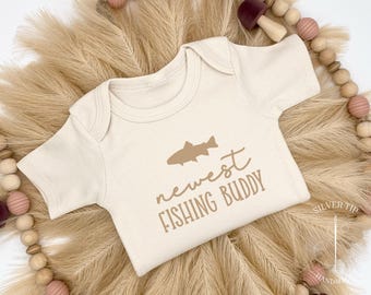 Embroidered Newest Fishing Buddy Bodysuit with Fish, Embroidered Bodysuit Fishing Buddy, Newest Fishing Buddy, Fish Symbol on Bodysuit
