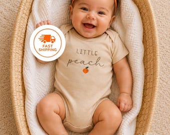 Embroidered Little Peach Bodysuit with Peach, Fruit Baby Gift, Summer Baby Announcement, Baby 13 weeks, Sweet as a Peach, Peach Baby Shower