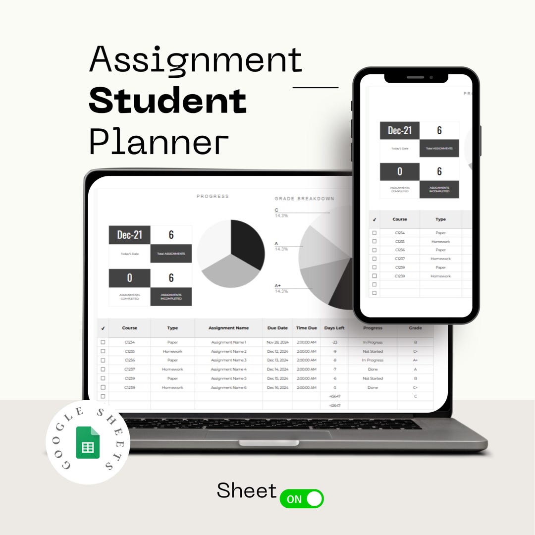 Assignment Tracker Spreadsheet Student Planner Google Sheets Calendar ...