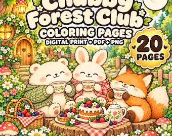 Könnte beinhalten: Ein digitales Malbuch-Cover mit dem Titel Chubby Forest Club Coloring Pages, das einen weißen Bären, einen weißen Hasen und einen orangefarbenen Fuchs beim Teetrinken zeigt. Die Szene enthält einen Kuchen, Beeren, eine Teekanne und einen Korb.