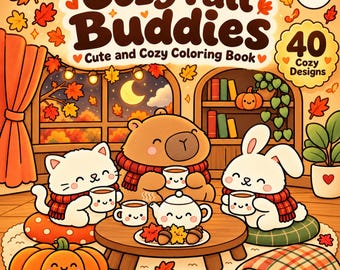 Puede incluir: Un libro para colorear titulado Cozy Fall Buddies con 40 diseños acogedores. La portada muestra un gato blanco, un oso pardo y un conejo blanco bebiendo de tazas en una mesa con una tetera, rodeados de hojas de otoño, una calabaza y una manta.