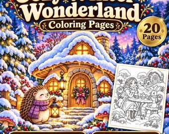 May include: Cozy Winter Wonderland Coloring Pages digital download featuring 20 pages. The cover art shows a snow-covered cottage with a hedgehog holding a lantern, surrounded by winter trees, berries, and a black and white coloring page.