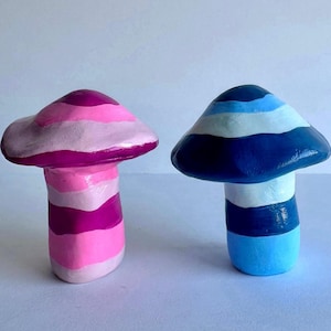 Set of 2 | Handmade Mini Polymer Clay Striped Mushrooms | Decorative Accents | Mini Sculptures | Desk Decor