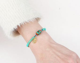 Handwoven Turquoise Bead Bracelet, Vintage Tibetan Style