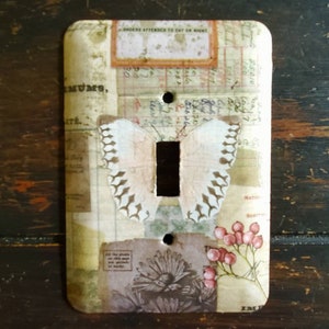 The Butterfly and the Berries, decoupage, metal toggle switch plate, vintage style, Cottagecore, light Academia, neutral colors