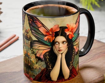 Fairy Girl Illustration Mug | Colorful Butterfly Wings Ceramic Mug