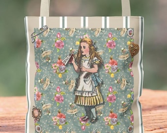 Draagtas bloemenillustratie Alice in Wonderland | Patroon vintage verhalenboek