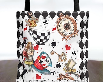 Draagtas Alice in Wonderland | Grillige theekopje klokcollage