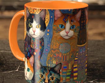 Klimt Style Cat Mug: Art Nouveau Colorful Coffee Mug, 11oz