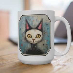 Retro Girly Cat Mug 15oz, anthro cat cup, black and white cat, whimsical cat cup, cartoon cat, cat moms, cat dads, coffee drinkers, unique