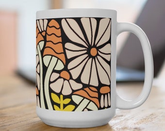 70's style Earthtone Mug 15oz, mushrooms flower mug, earthy orange, brown, beige, retro style coffee mug, loves 70's vibe, loves coffee