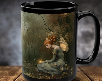 Autumn Fairy Light mug, large mug, Cottage core mug, fairy, woodland fairy, coffee lover gift, autumnal, big coffee cup, Black Mug, 15oz