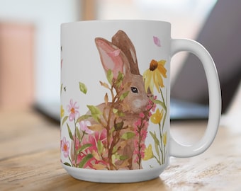 Bunnies in the Wildflowers large coffee mug, large mug, large coffee cup, springtime mug, spring, bunnies, flowers, big mug, Mug 15oz