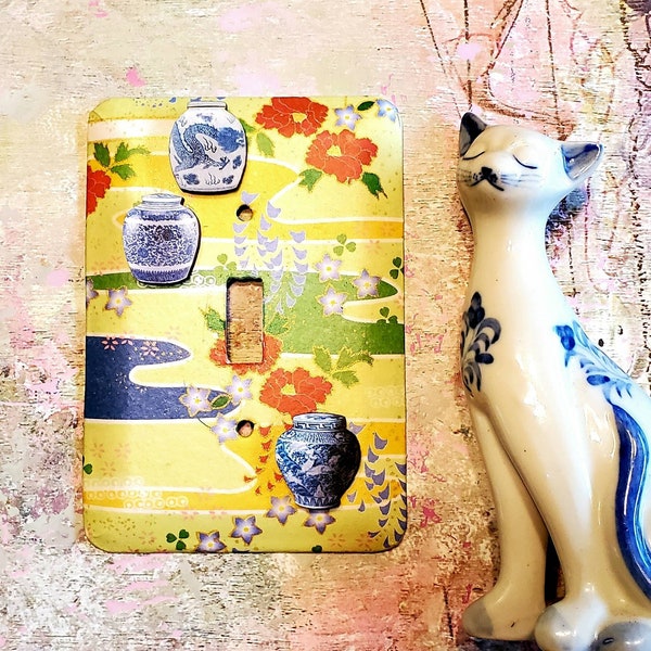 Origami and Ginger jars, yellow, metal switch plate cover,three wooden blue and white ginger jars, green, yellow,blue, Origami  decoupage