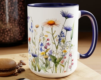 Wild Garden coffee mug, large coffee mug, wildflowers, springtime mug, large coffee cup, cottage core, boho gift, Two-Tone Coffee Mugs, 15oz