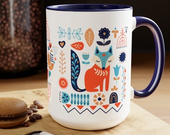 Folk Art Series, #1, folk art fox, Scandinavian style, Folk art style, colorful folk art mug, coffee lovers, fox, Two-Tone Coffee Mugs, 15oz