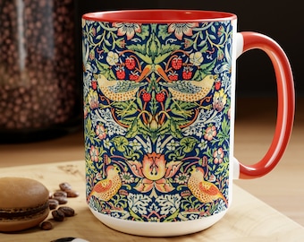 1800's design, William Morris inspired, Strawberry Thief, bright tone, large coffee mug, coffee lovers' mug, Two-Tone Coffee Mugs, 15oz
