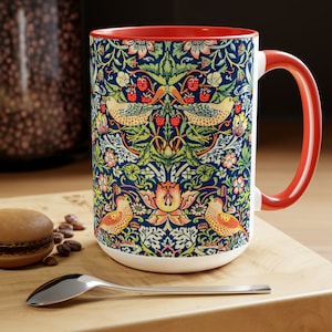 1800&#39;s design, William Morris inspired, Strawberry Thief, bright tone, large coffee mug, coffee lovers&#39; mug, Two-Tone Coffee Mugs, 15oz