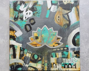 Urban Lotus, acrylic painting, one of a kind, 12x12 inch canvas, original painting, lotus, grays, black & white, turquoise, yellow ochre