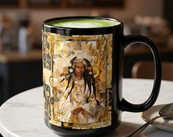 Caneca Retrato da Deusa Dourada | Caneca de Café em Cerâmica Preta, 325ml, 445ml, dourada, bege, marrom