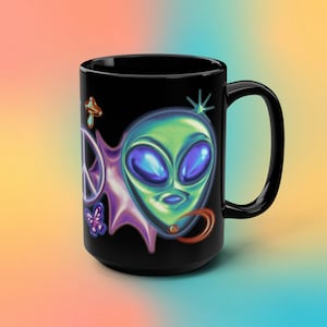 Alien mug, Peace coffee cup, psychedelic, magic mushrooms, fun alien gift, alien head, extraterrestrial, , UFO, Peace sign, Black Mug, 15oz