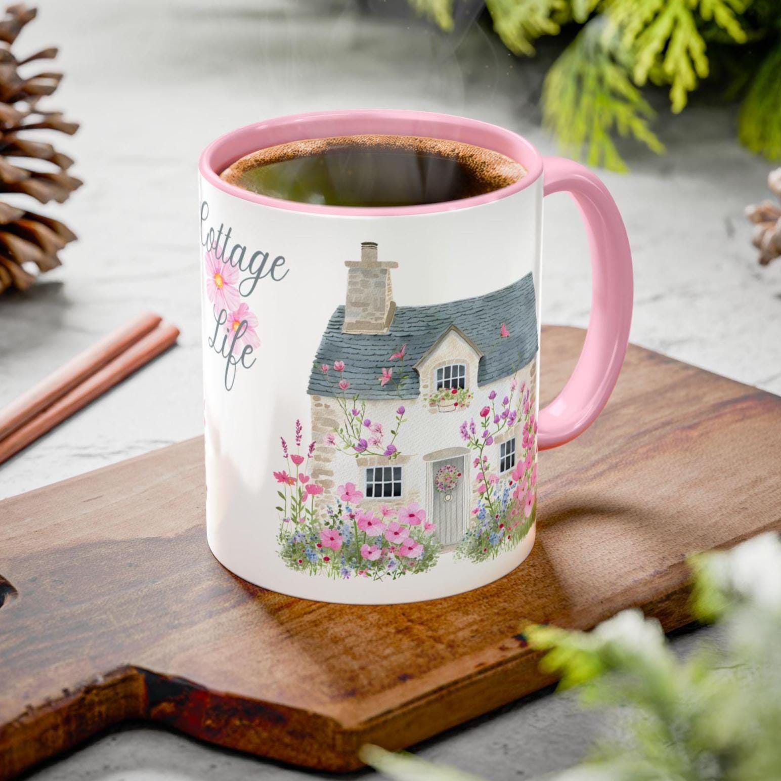 Cottage Life Floral Cottage Mug | Color Accent Ceramic Coffee Cup Pink ...