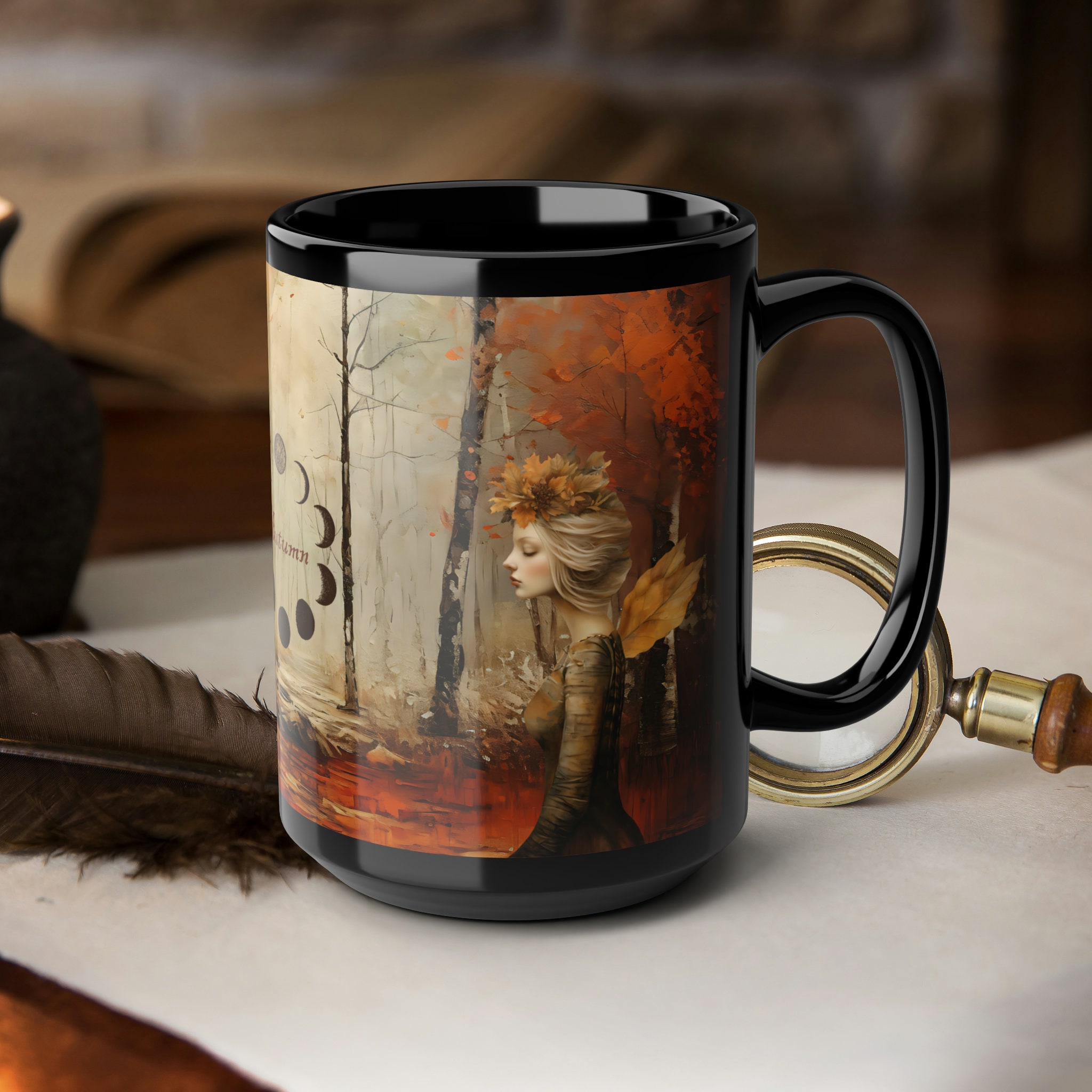 Autumn Phase mug, fairy, fantasy, magical, Fall, Autumn, phases of the moon, large coffee mug, coffee mug, Cottage core,Black Mug, 15oz