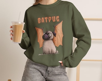 Batpug Illustration Crewneck Sweatshirt | Muted Earth Tones, 50/50 Cotton-Poly Blend