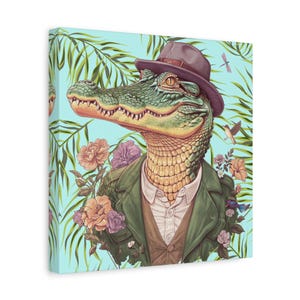 Whimsical Alligator Art Canvas, Tropical Decor for Home, Unique Gift for Nature Lovers, Perfect for Parties & Holidays, Dapper Alligator art