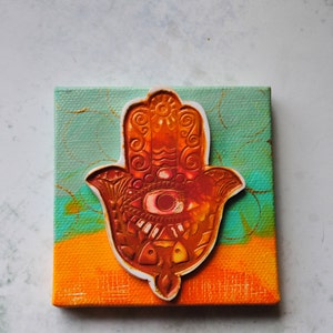 Orange Hamsa, mini mixed media, mixed media art, Hamsa, orange, aqua, one of a kind, image 4