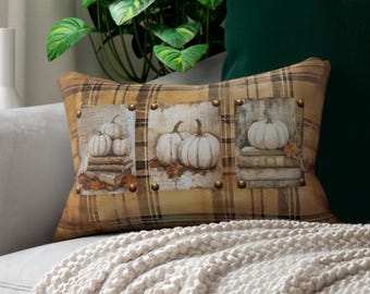 Autumn Plaid Lumbar Pillow: White Pumpkins Fall Decor