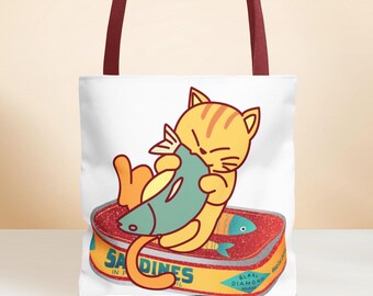 Cute Cat Sardine Tote Bag, Cat Lover Gift, Sardine Lovers, Funny Cat Tote, Cute Grocery Tote, Trendy Sardine bag, Pet Lovers Bag, Unisex Bag