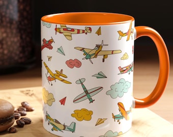 Vintage Style Airplanes Mug | Colorful Plane Pattern Accent Coffee Mug, Gift for Pilot