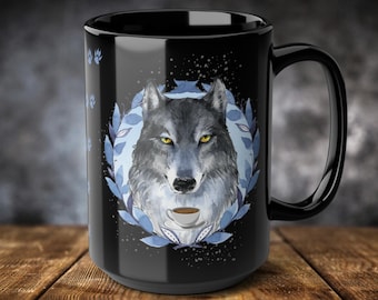 Gray Wolf Coffee Mug: Watercolor Foliage, Black Ceramic 15oz