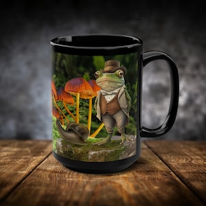 Mug Dapper Frog and Friends, tasse à café des bois, grande tasse, tasse à café surdimensionnée, grenouilles, escargots, champignons, bois, café, tasse noire, 15 oz