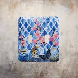 Chinoiserie Double Switch Plate: Ginger Jars, Cherry Blossom, Moth