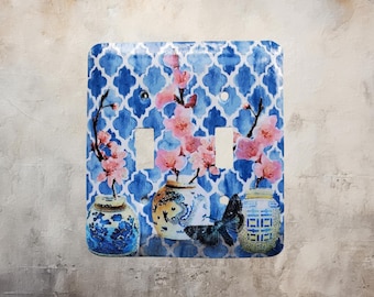 Chinoiserie Double Switch Plate: Ginger Jars, Cherry Blossom, Moth