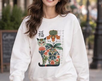 Chinesische Glückskatze im Jugendstil-Blumen-Sweatshirt | Botanisches Fu-Zeichen-Design