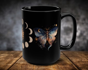 Moon Phase Moth mug, oversized coffee cup, large mug, cosmic, blue, rust, moth, snake, moon, moon phases, coffee lover gift, Black Mug, 15oz