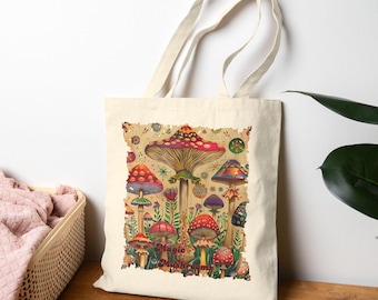 Mushroom Cotton Canvas Tote Bag: Whimsical Floral Design, Eco-Friendly