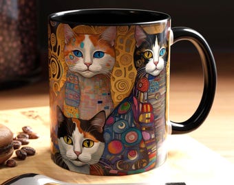 Klimt Style Cat Portrait Coffee Mug | Colorful Accent Mug