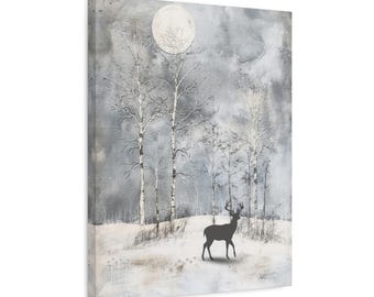 Winter Stag Canvas Art: Watercolor Forest Moonlight Print