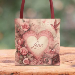 Romantische viktorianische Einkaufstasche mit Rosen und Liebesbotschaft, Geschenktasche für besondere Anlässe, zartrosa Creme Design, romantisch ästhetische Tasche