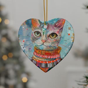 Ceramic Ornaments, Whimsical Cat in Sweater, Holiday Decor, Stocking Stuffer, Christmas Tree Ornament, Cat Lover Gift, Fun and Colorful