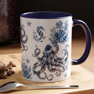 Ocean-Themed Accent Coffee Mug, Nautical Mug for Ocean Lovers, Unique Gift for Sea Enthusiasts, Coral Decor, Underwater Coffee Cup, Octopus