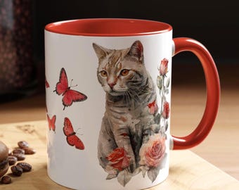 Aquarell getigerte Katze mit roten Schmetterlingen Tasse | Akzent-Kaffeebecher