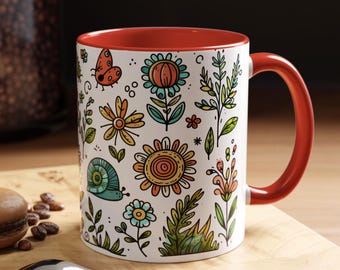 Wunderliche Blumen Bugs Doodle Tasse 11 Unze | 15 Unzen Akzent Color Interior Becher