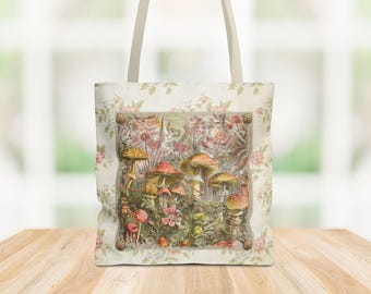 Floral Mushroom Tote Bag: Eco-Friendly Polyester Carryall